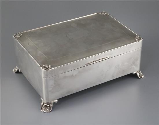 A George V Art Deco silver rectangular cigar box, by C.S. Green & Co, width 23cm.